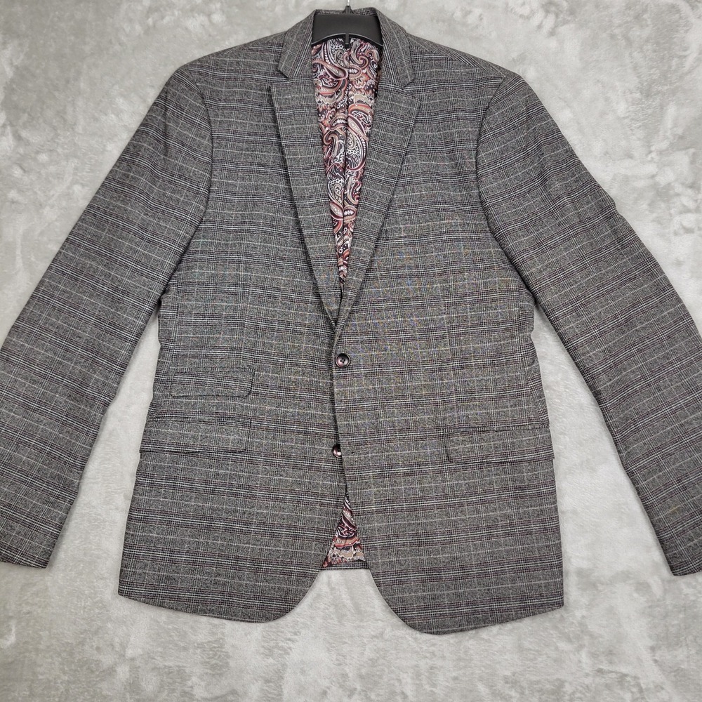 Paisley & Gray Slim Fit Men's 44R Gray Red Blue Plaid Blazer Paisley Liner